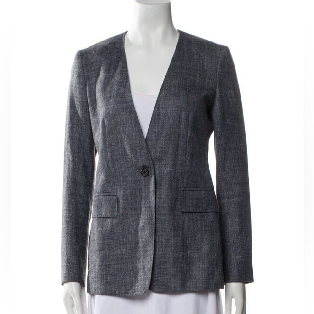MaxMara Blue Blazer Silk Linen Wool Collarless Made in Italy Classic Medium Sz 8